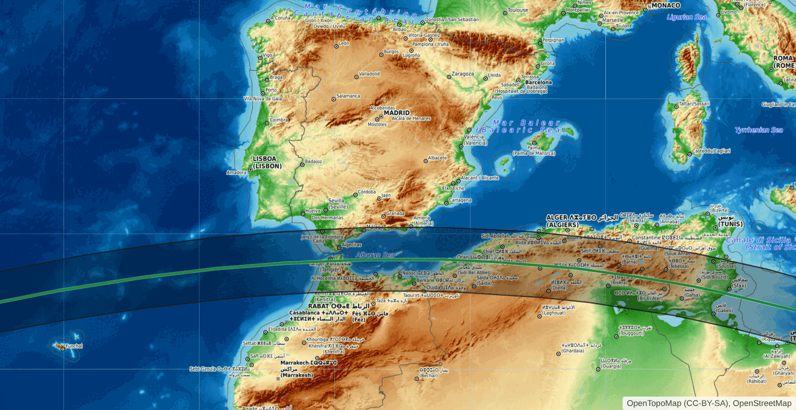 Path of totality of the 2 August 2027 eclipse over southern Spain, the Strait of Gibraltar and North Africa